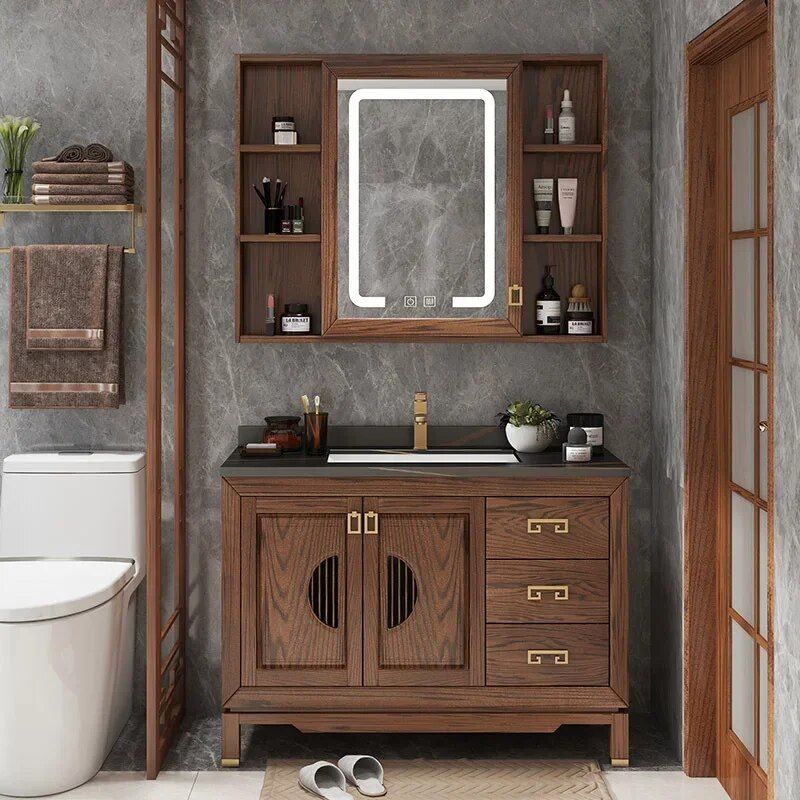 Vintage Oak Bathroom Vanity with Ceramic Sink and Slate Countertop