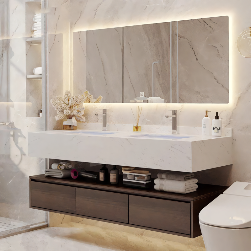 Marble Surface Smart LED Bathroom Mirror Cabinet and Sink Set