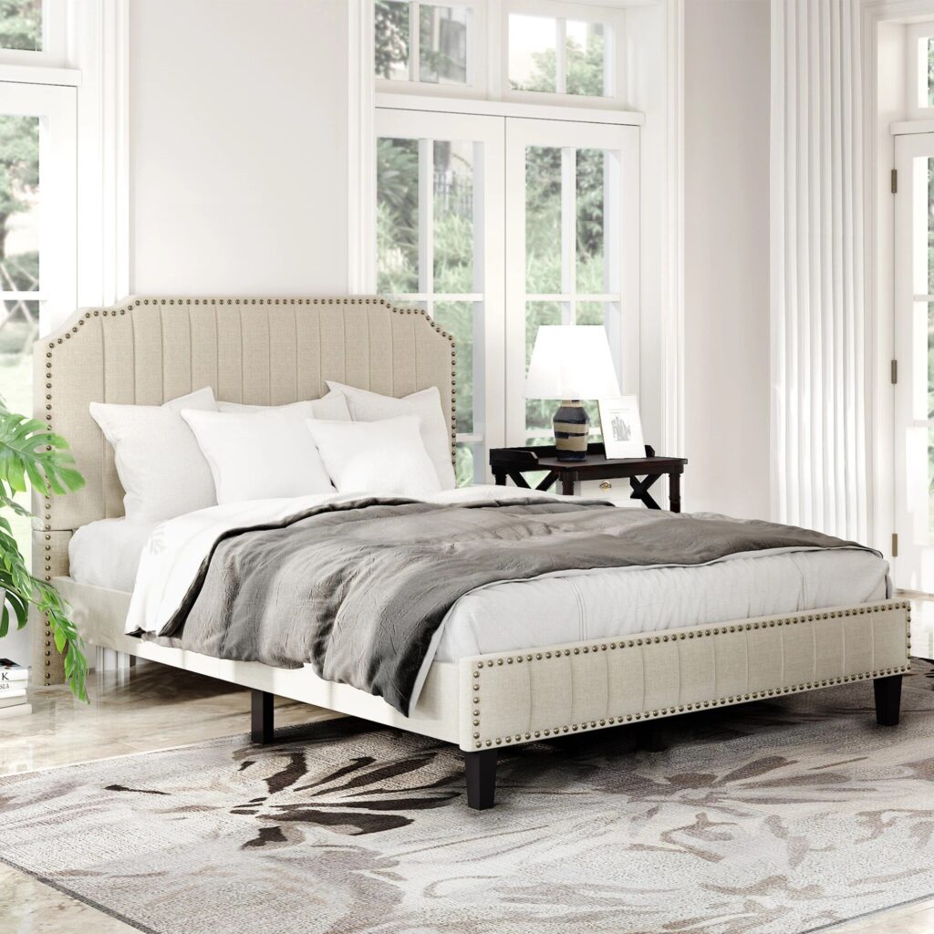 Modern Linen Upholstered Platform Bed - Bedroom Furniture