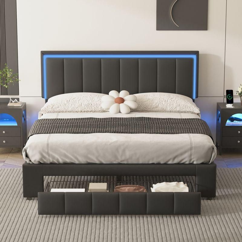 Queen Size LED Platform Bed with Drawer