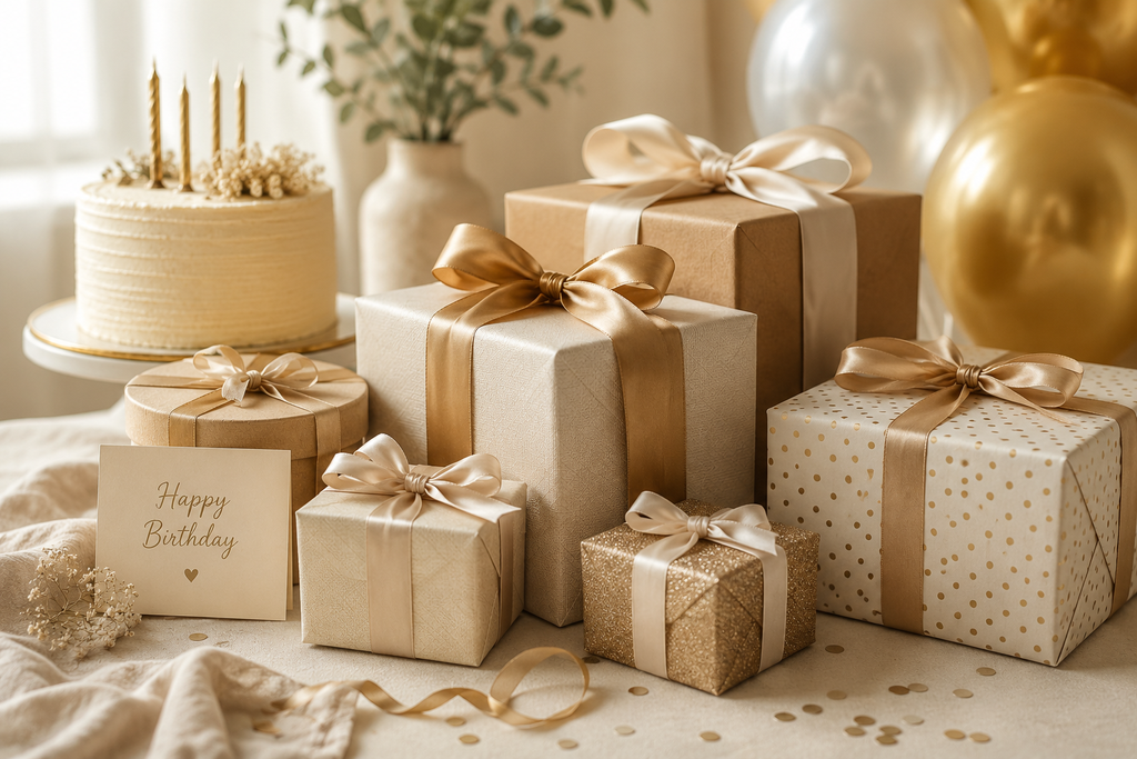Elegant birthday gifts wrapped in cream and gold with a birthday cake, ribbons and festive decorations