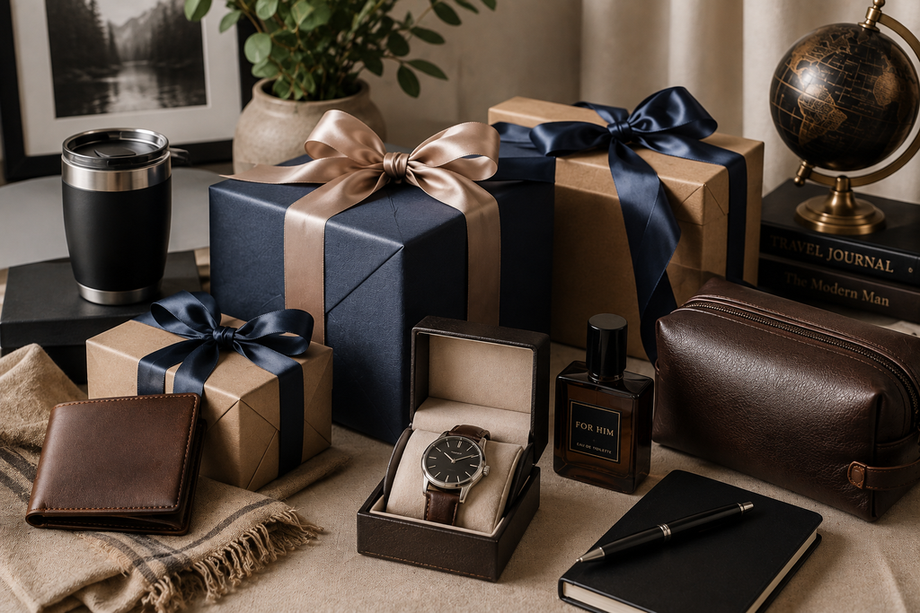 Sophisticated gifts for him with wrapped presents, leather accessories, watch, wallet, perfume and travel items