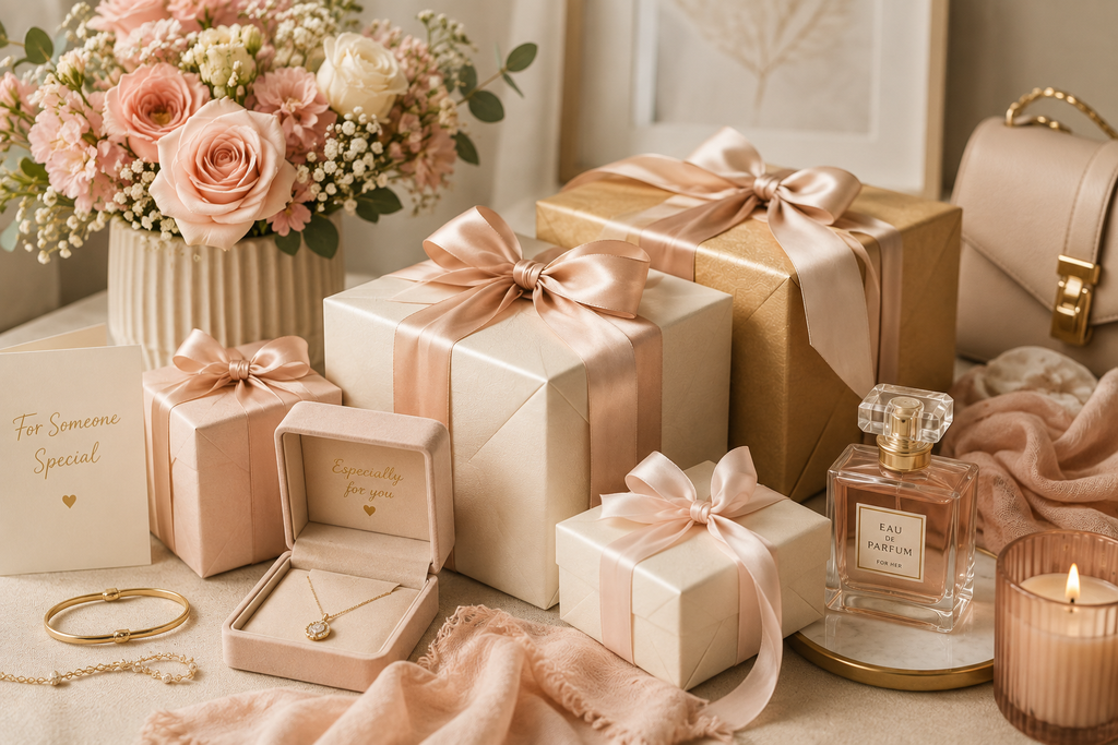 Elegant gifts for her with pastel wrapped presents, roses, jewelry, perfume and feminine accessories