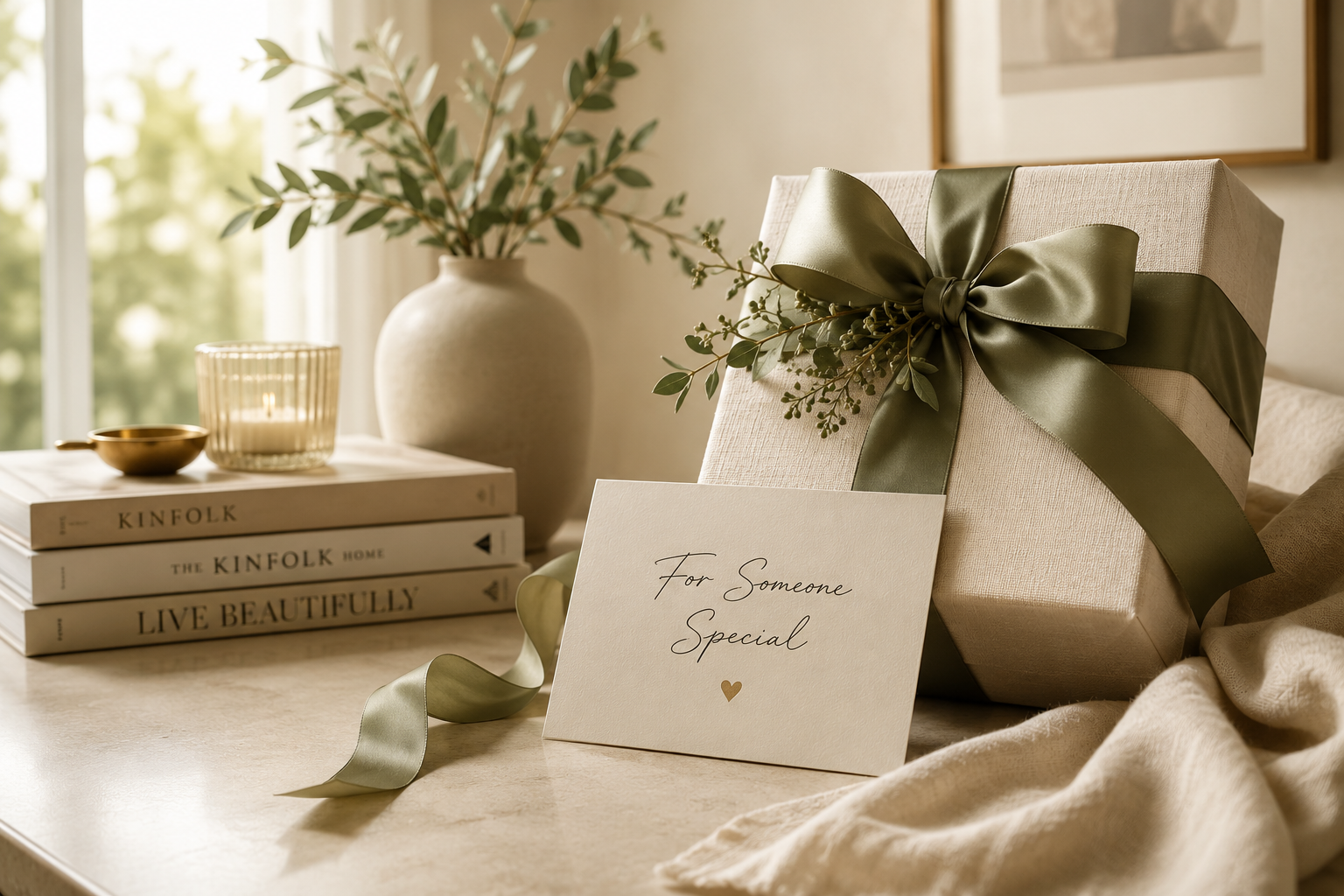 Thoughtfully wrapped gift with a sage ribbon and handwritten card on a warm table