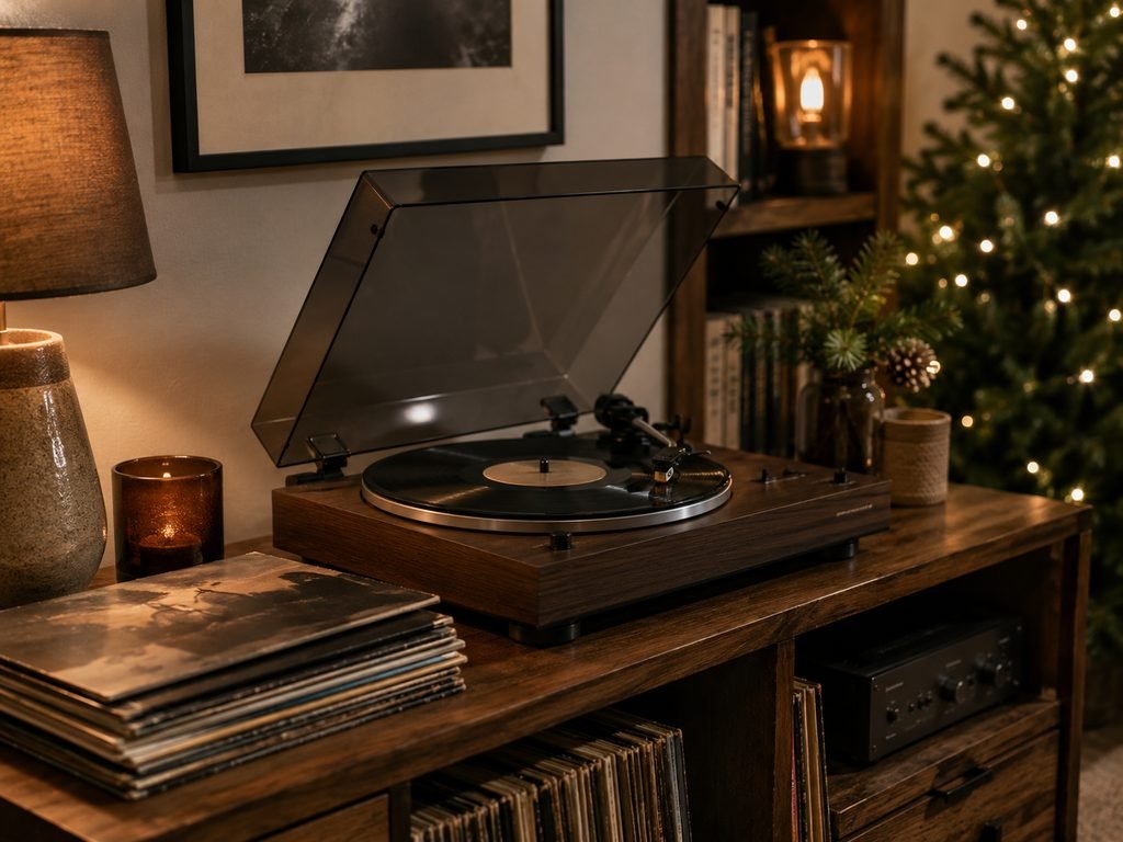 Modern vinyl turntable with records as a Christmas gift for a music-loving dad