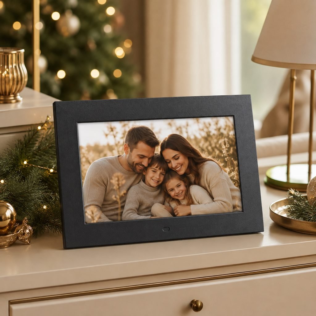 Aura Carver digital picture frame displaying a family photo as a Christmas gift for Mom