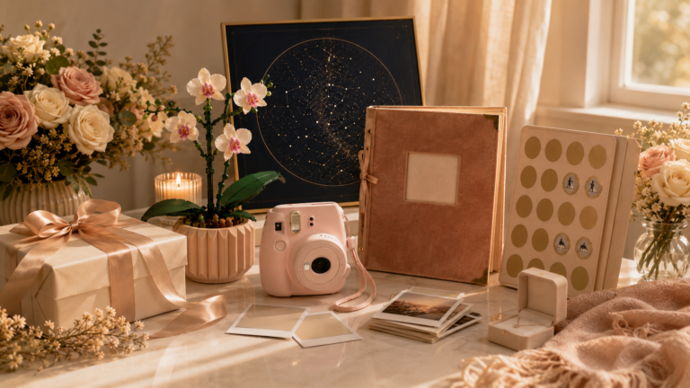 Thoughtful anniversary gifts for her arranged in an elegant gift scene