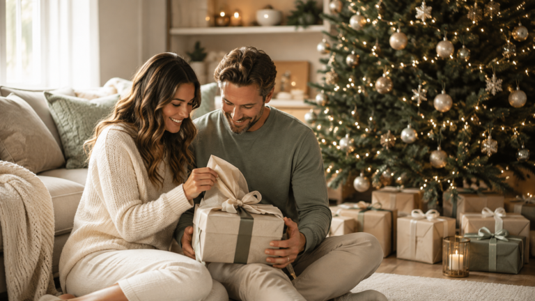 Couple enjoying thoughtful Christmas gifts together in a cozy living room