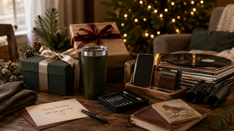 Thoughtful Christmas gifts for Dad arranged on a cozy holiday table