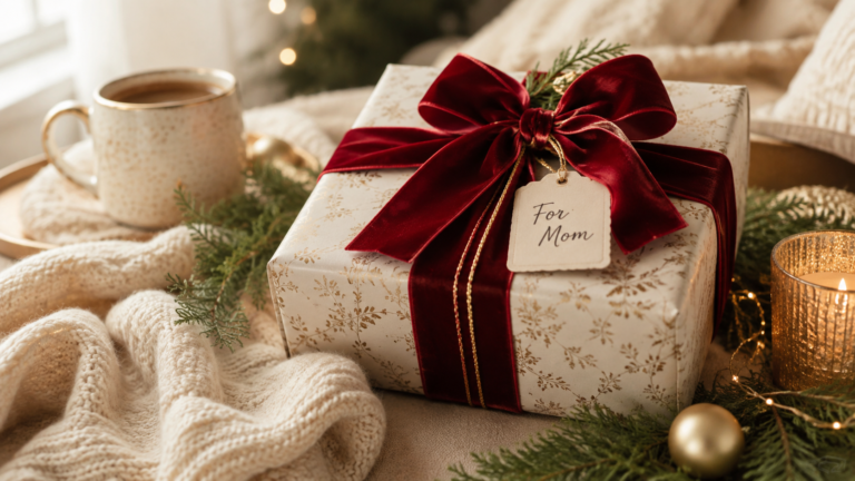 Thoughtful Christmas gifts for Mom arranged in an elegant holiday setting