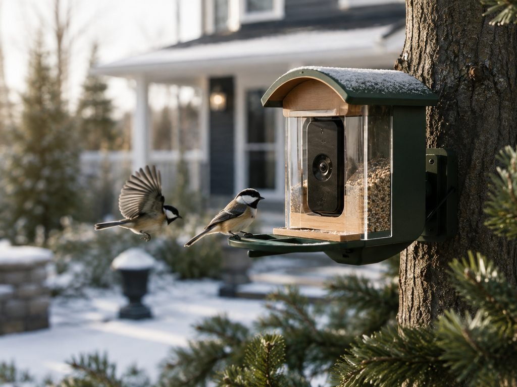 Smart bird feeder in a backyard garden for a dad who loves birdwatching