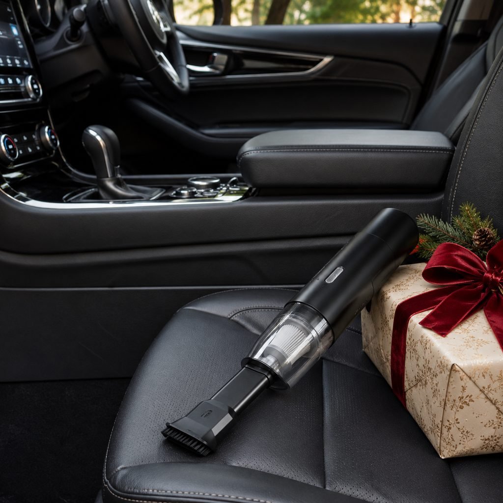 Fanttik Slim V8 Apex cordless car vacuum displayed inside a clean modern car