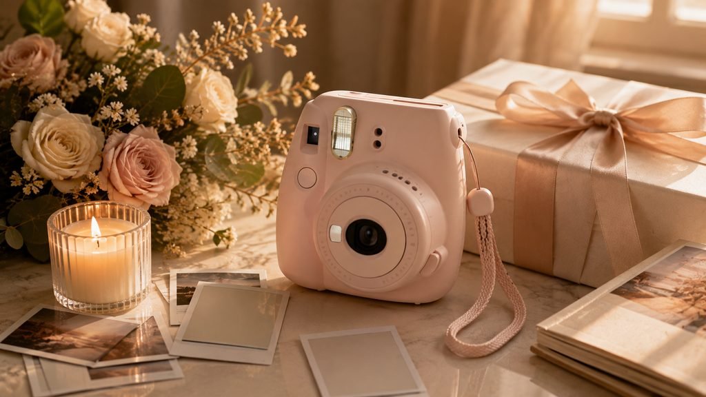 Fujifilm Instax Mini instant camera styled as an anniversary gift for her