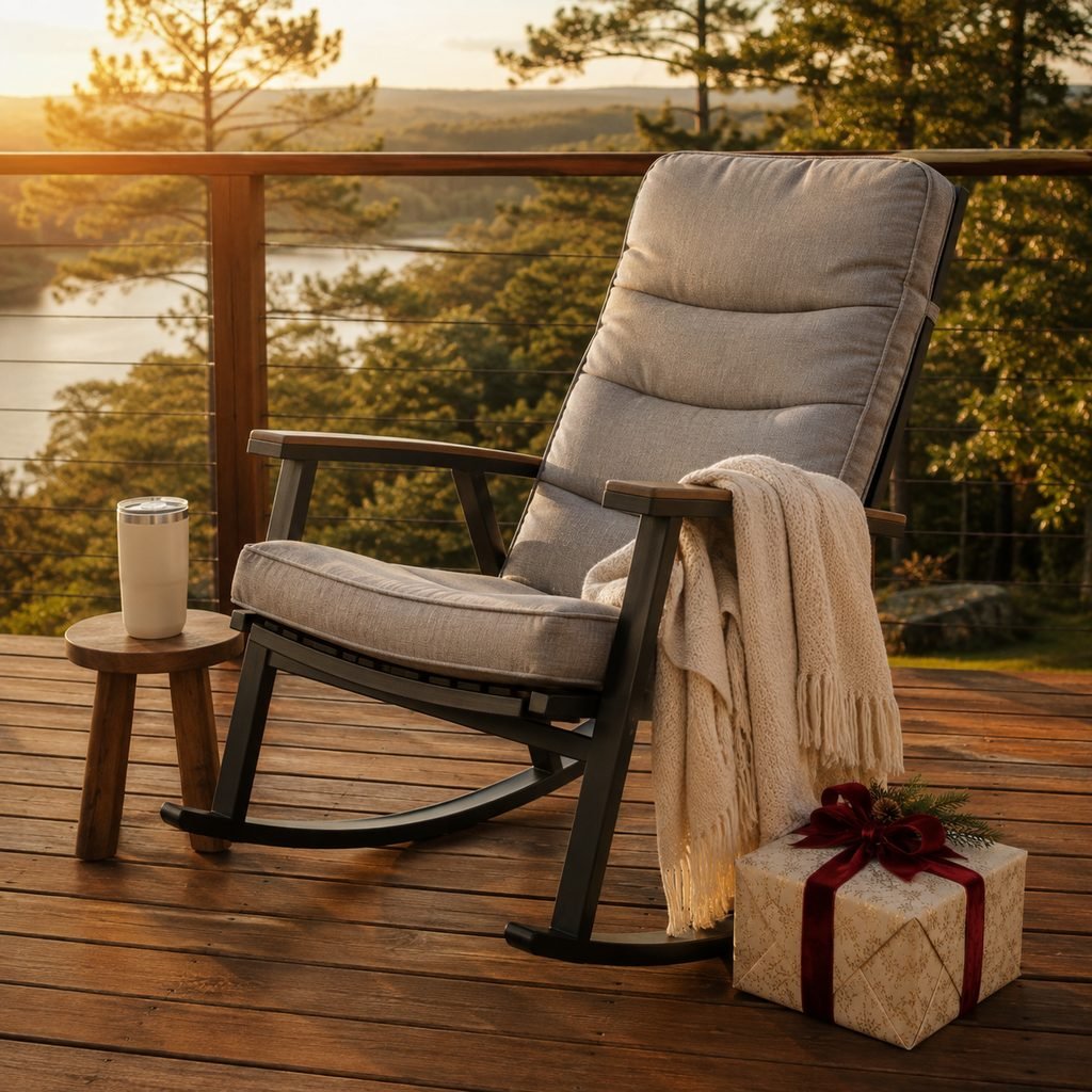 GCI Outdoor Comfort Pro Rocker chair on a peaceful outdoor deck