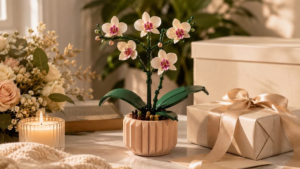 LEGO Botanicals Mini Orchid styled as an elegant anniversary gift for her