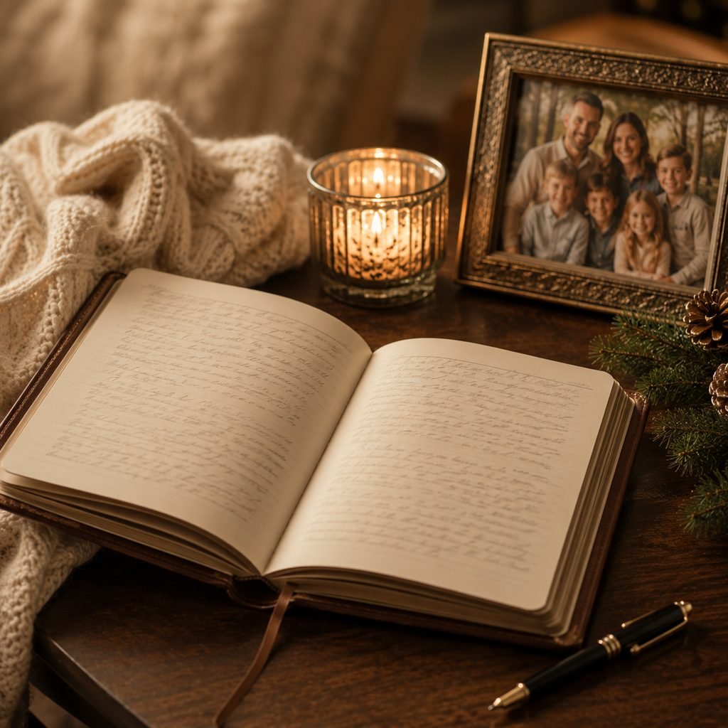 Mom’s Story memory and keepsake journal with a pen and family photograph