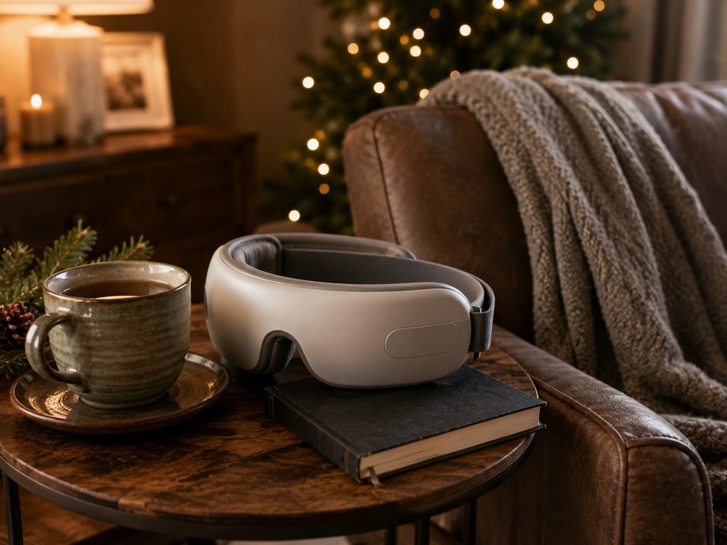 Heated eye massager in a relaxing home setting as a Christmas gift for Dad