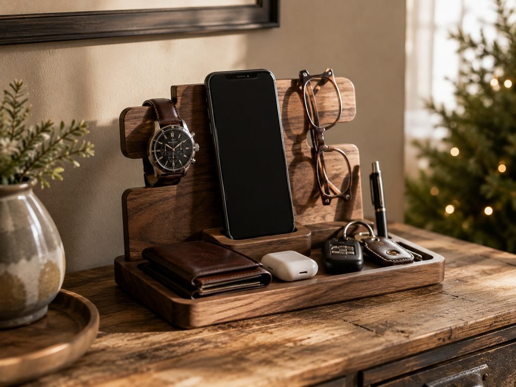 Wooden phone docking station holding everyday essentials as a gift for Dad