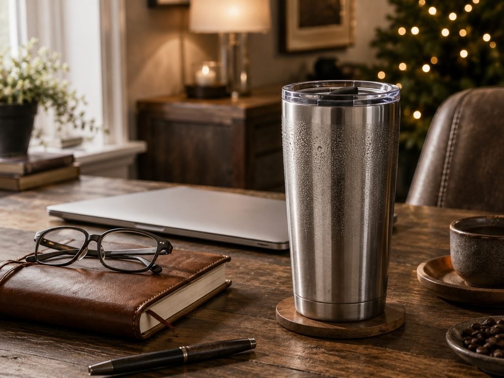 Insulated 20 oz tumbler on a desk as a practical Christmas gift for Dad