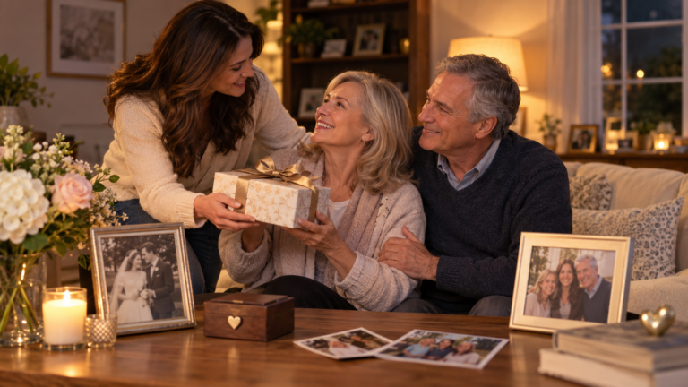 Daughter giving her parents a meaningful anniversary gift at home