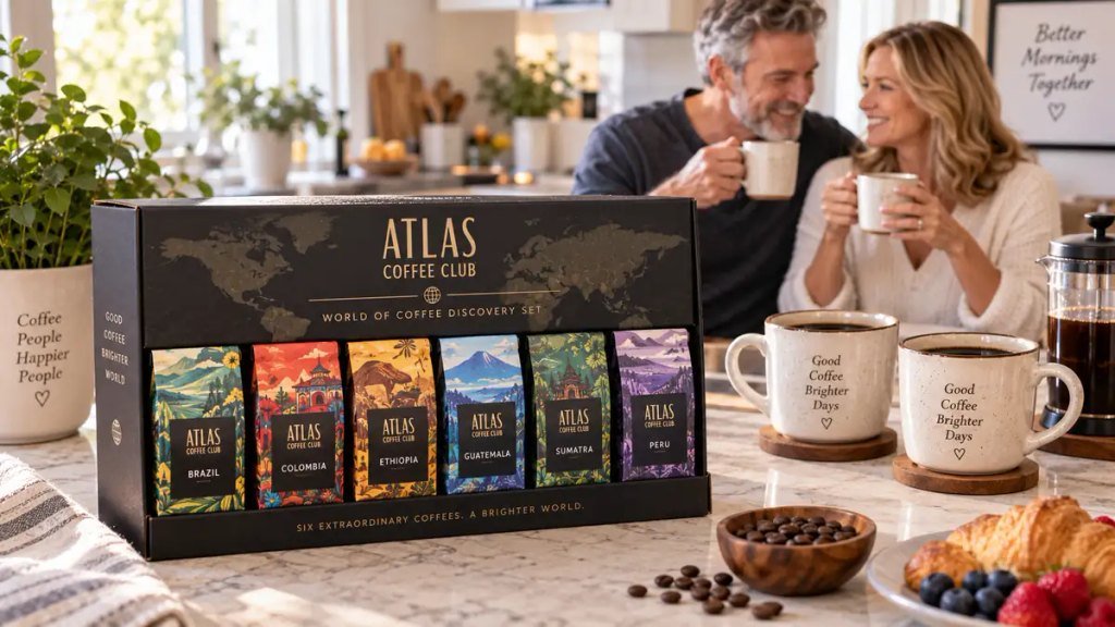 Atlas Coffee Discovery Set displayed beside two cups of coffee