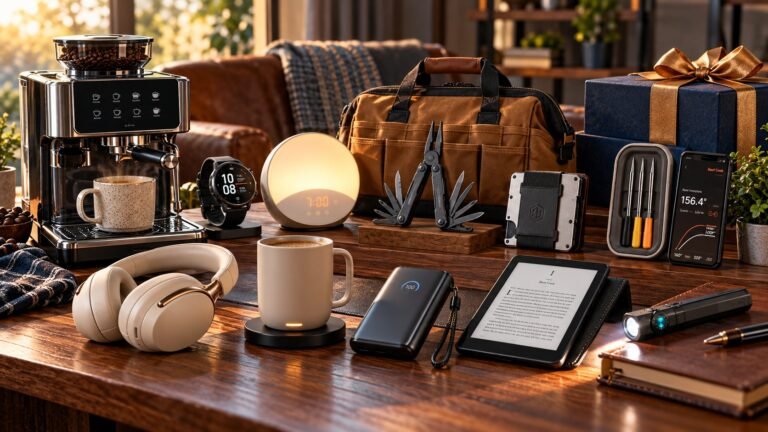 Useful birthday gifts for dad including coffee, fitness, grilling, tech, reading, and everyday tools
