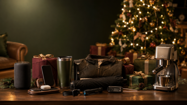 Christmas gifts for him featuring useful tech, grooming, travel, coffee, and outdoor gift ideas