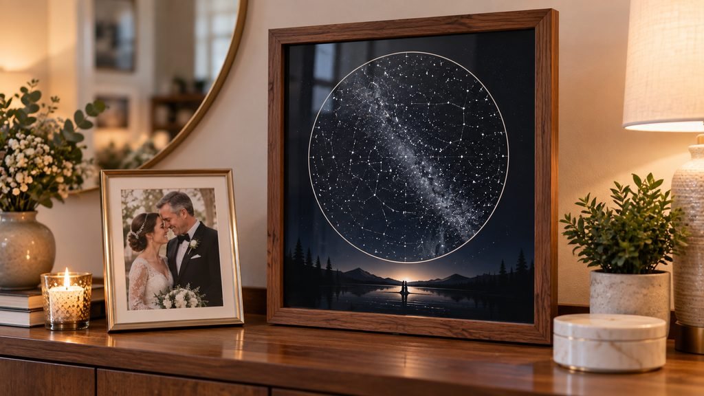 Personalized star map displayed as an anniversary gift for parents