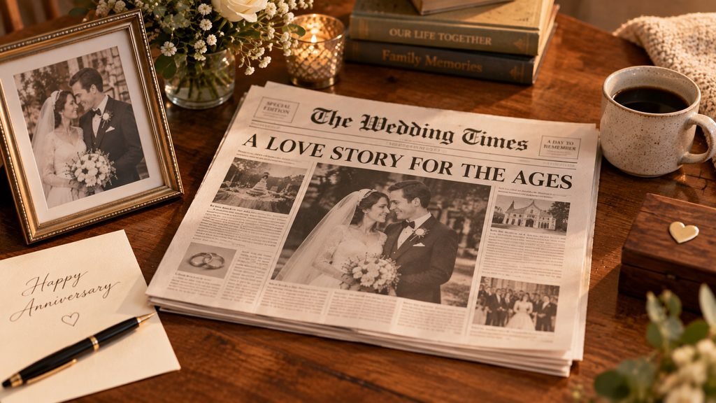 Custom wedding newspaper displayed beside an old wedding photograph