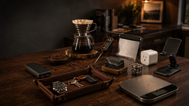 Gifts for him under $25 arranged on a stylish tabletop