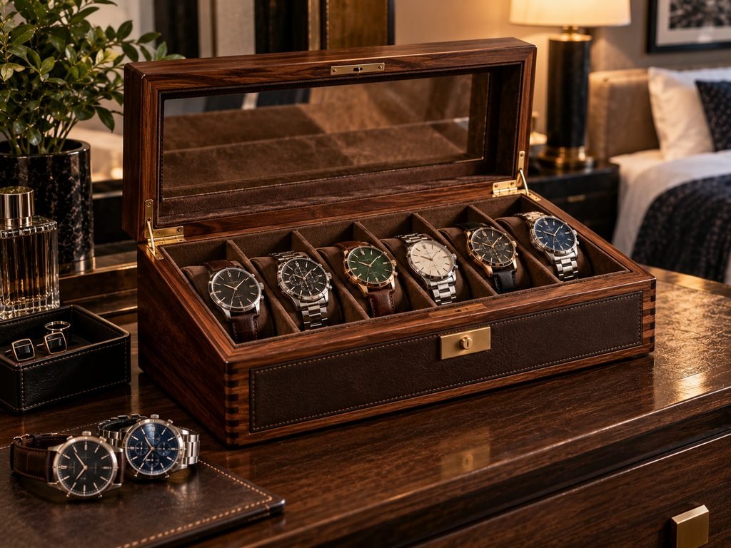 handcrafted wooden leather watch box gift for him
