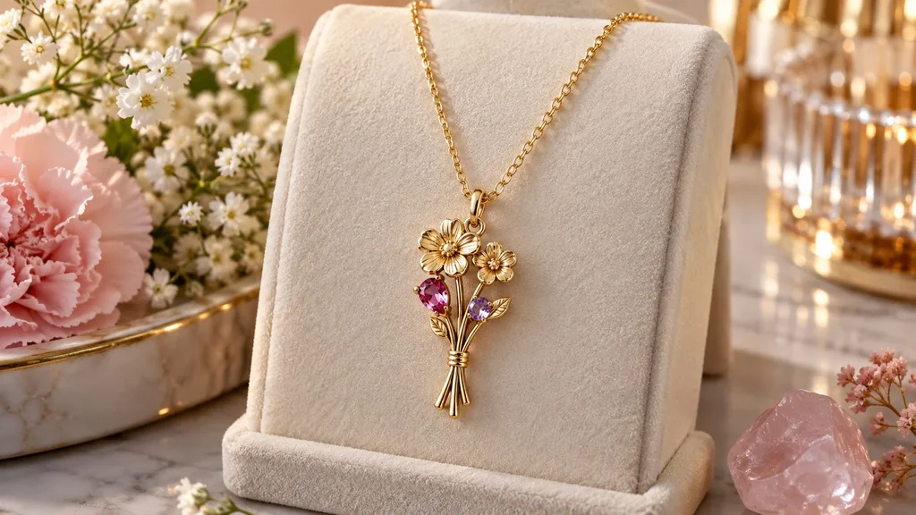 birth flower and birthstone necklace personalized gift for mom