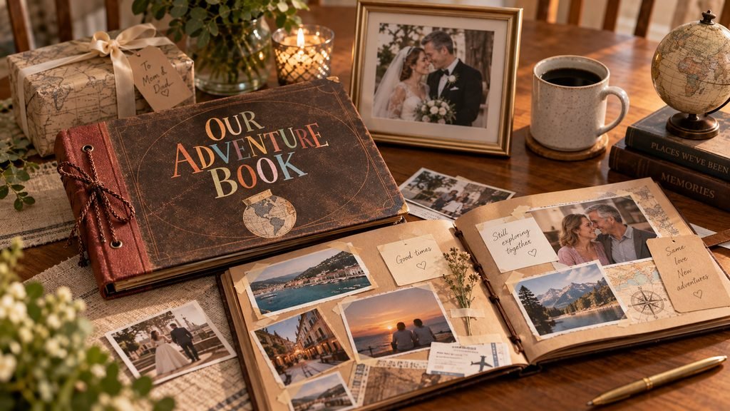 Our Adventure Book scrapbook surrounded by family photographs and memories