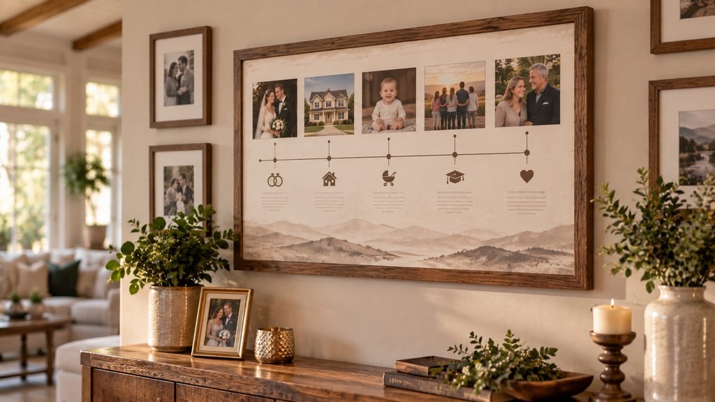 Personalized anniversary timeline displayed on a living room wall