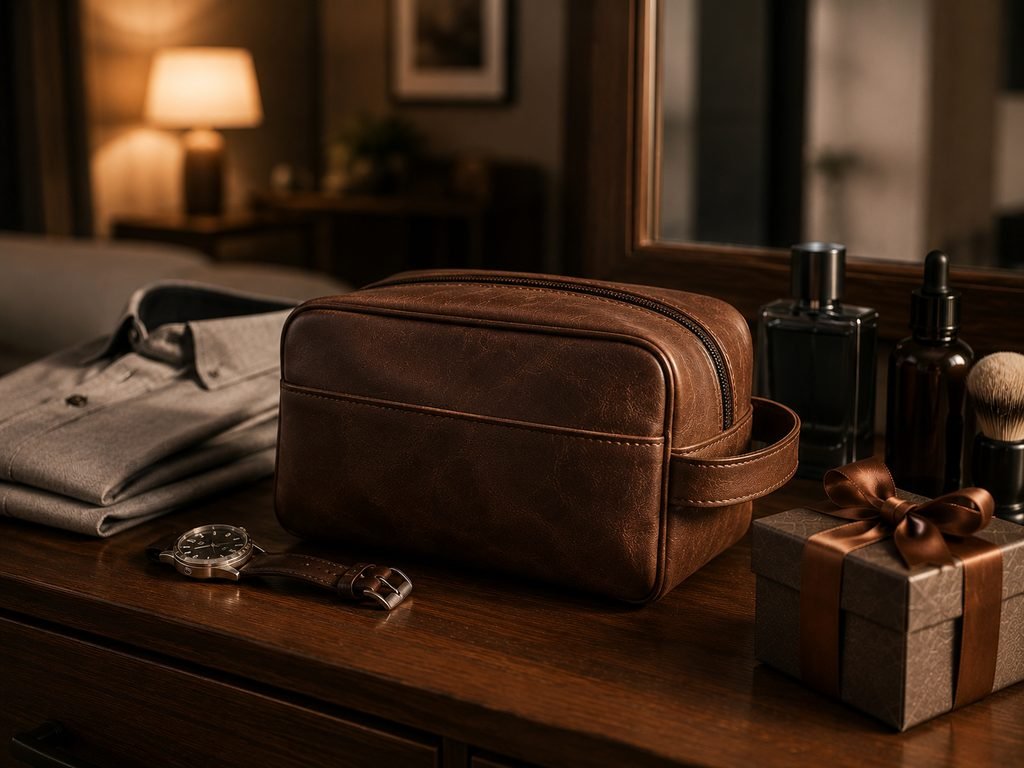Personalized leather dopp kit as an anniversary gift for him