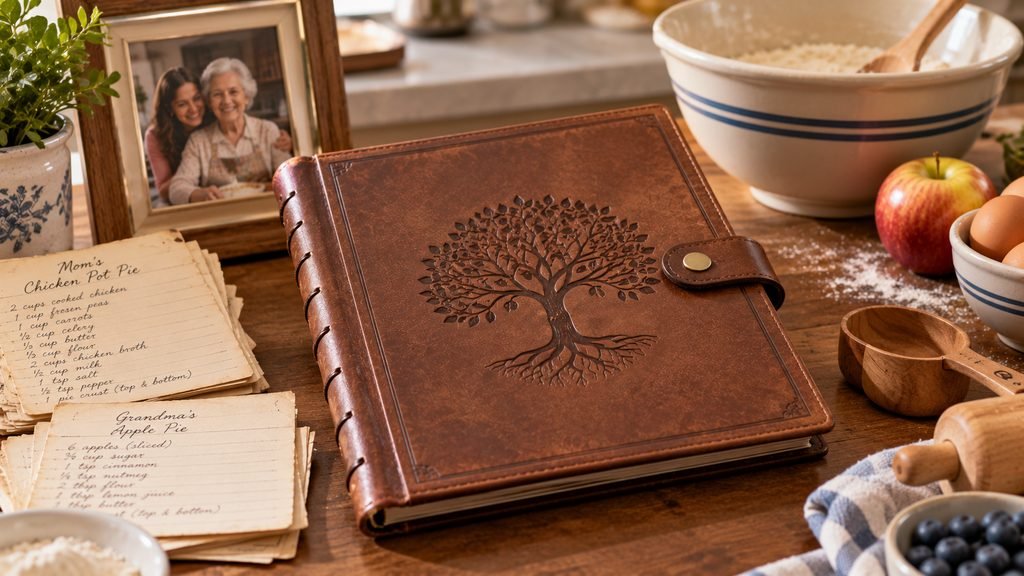 Personalized leather recipe book shown with family recipe cards