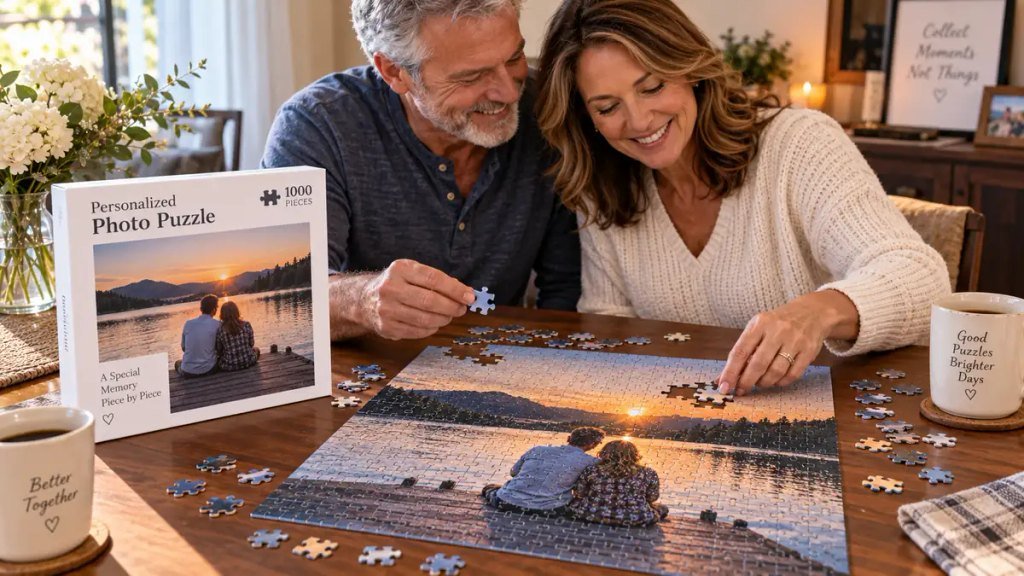 Couple assembling a personalized photo puzzle together at home