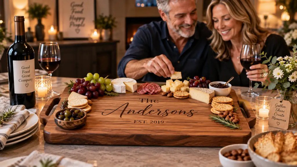 Personalized wooden serving board prepared for a family gathering