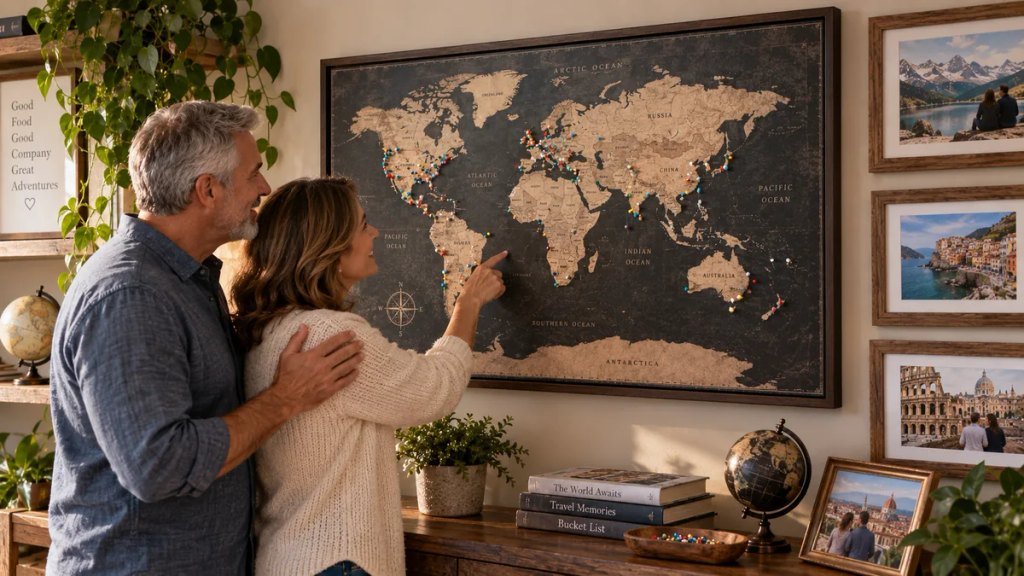 Push-pin travel map displayed for a couple who loves to travel