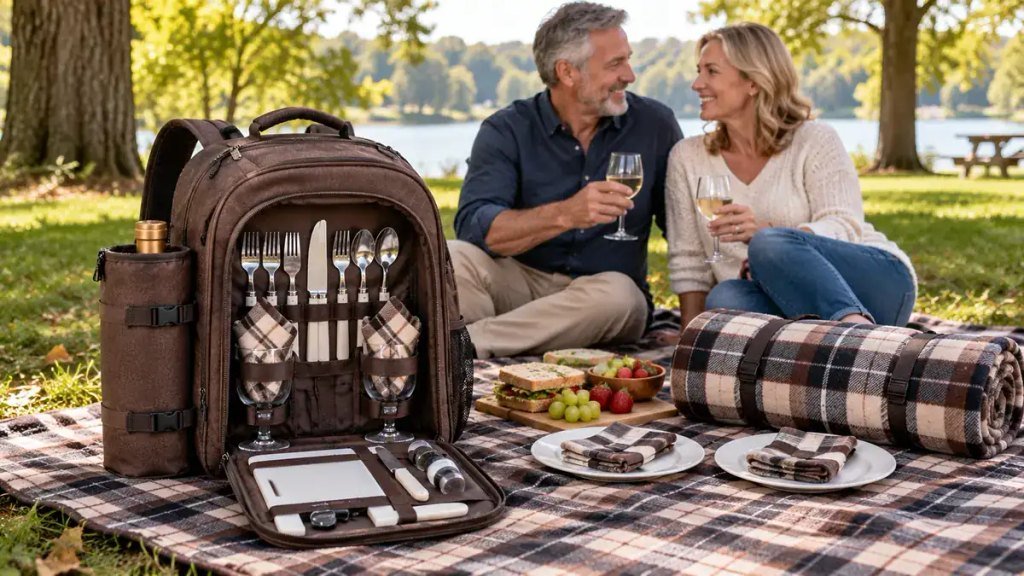 Two-person picnic backpack prepared for a couple's outdoor anniversary picnic