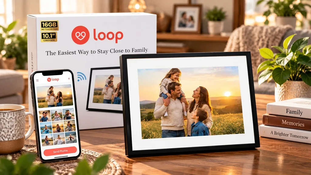 Loop Wi-Fi digital picture frame displaying family photos as a Christmas gift for Dad